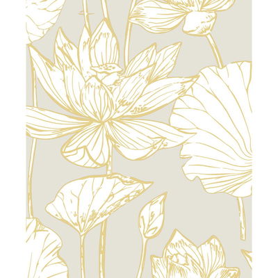 Lotus Floral Prepasted Grey & Gold Wallpaper